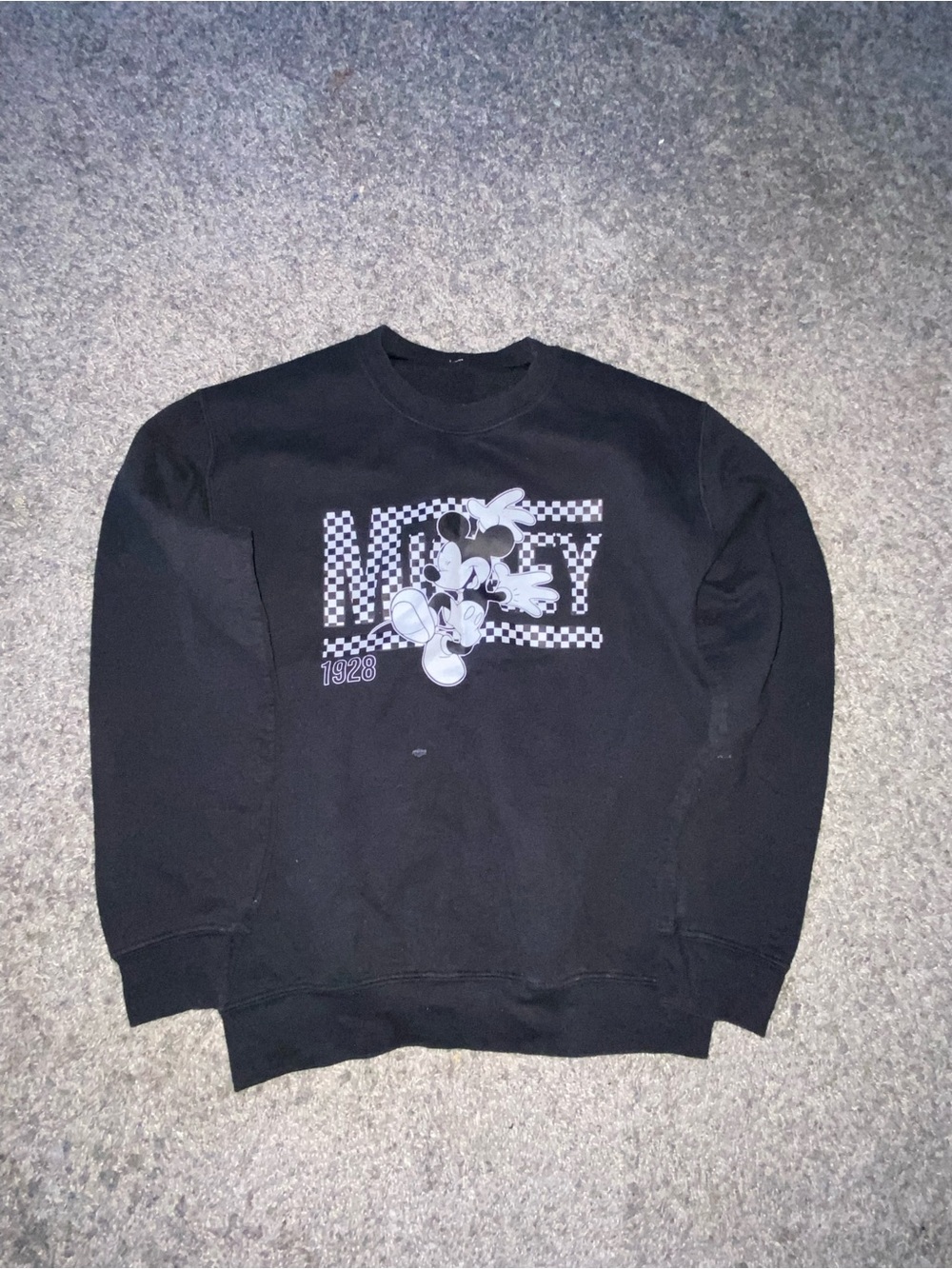 Disney Black Crewneck with Checkerboard Mickey Graphic